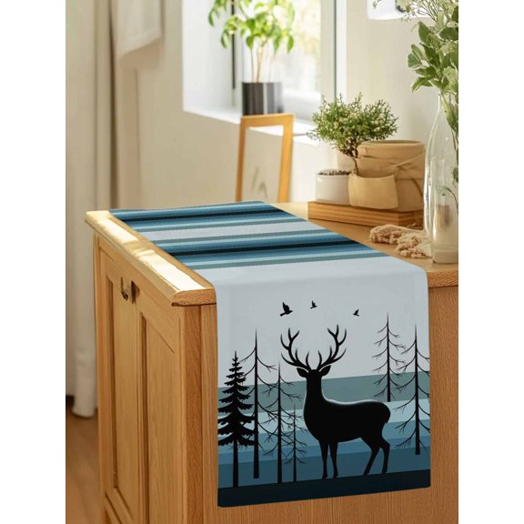 Forest Elk Silhouette Table Runner 36 Inches Long,Kitchen Dining Tablerunners Gradient Blue Stripes Linen Table Runners Dresser Scarves for Home Dinner Wedding Holiday Party Decor