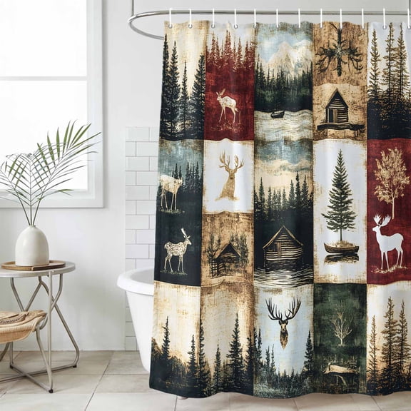 Forest Elk Small Stall Shower Curtain, Waterproof Shower Curtains for Bathroom, Farmhouse Pine Tree Rustic Green Red Washable Fabric Cloth Bath Curtain for Bathtub Decoration with Hooks 36x72 Inches