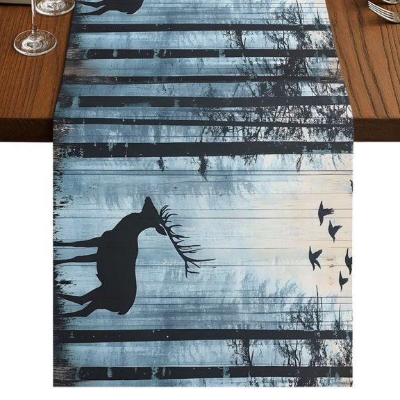 Forest Elk Table Runner 36 Inches Long, Cotton Linen Table Runner Dresser Scarf, Deer Birds Nature Tree Antlers Mountain Short Fabric Tablerunners for Dining Tables Wedding Holiday Party 13"x36"