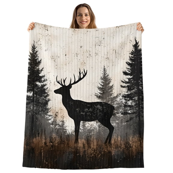 Forest Elk Throw Blanket, Flannel Fleece Blanket with Striped Design for Couch, Rustic Nature Tree Retro Deer Silhouette Soft Breathable All Season Plush Blankets for Sofa Office Chair 30"x40"
