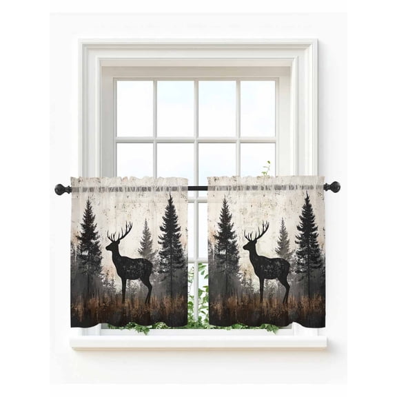 Forest Elk Tier Curtains 24 Inch Length,Sheer Curtains for Bedroom Living Room Window Rustic Nature Tree Retro Deer Silhouette Rod Pocket Drapes Kitchen Curtains Small Half Window 27.5"x24" 2 Panels