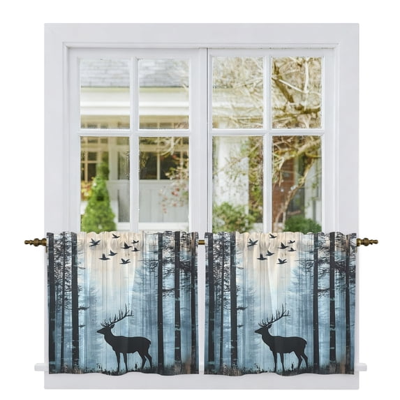 Forest Elk Tier Curtains, Deer Birds Nature Tree Antlers Mountain Light Filtering Kitchen Curtains, 2Pcs Rod Pocket Half Window Treatments Panels for Sink Cafe Cabinet Camper 27.5x24 Inches