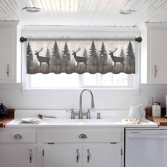 Forest Elk Valance Curtains for Kitchen/Living Room/Bathroom/Bedroom Window, Rustic Nature Tree Retro Deer Silhouette Rod Pocket Small Topper Half Short Window Curtains Voile Sheer Scarf 60"x18"