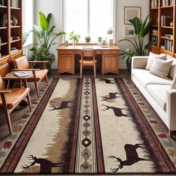 Forest Elk Washable Area Rug 9 x 12 ft Pine Trees Rustic Brown Southwest Ethnic Style, Soft Non Slip Rugs Stain Repellent Indoor Felt Carpet for Living Dining Room Bedroom Home Office