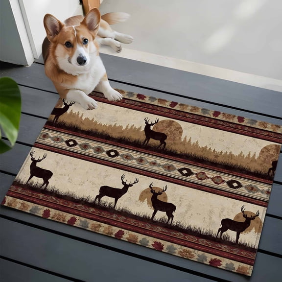 Forest Elk Washable Entry Rug 2x3 Pine Trees Rustic Brown Southwest Ethnic Style Low Pile Indoor Door Mat with Rubber Backing Thin Area Rug for for Entrance, Bedroom, Kitchen, Laundry, Bathroom