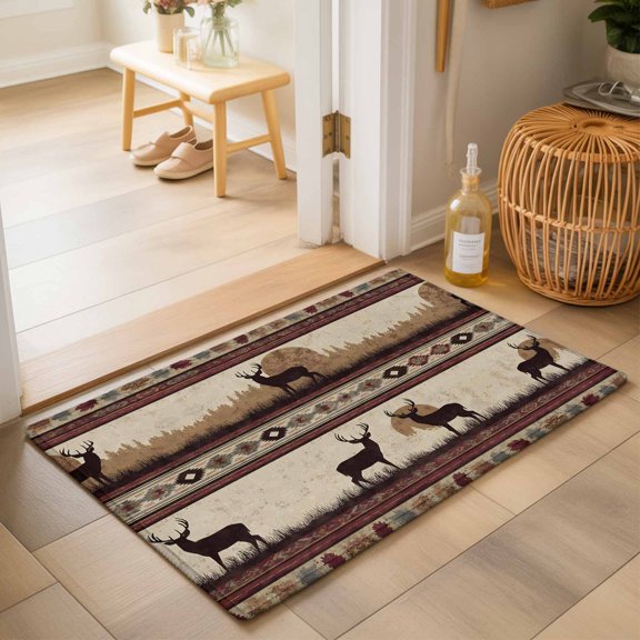 Forest Elk Washable Small Entryway Area Rugs 2'x3', Pine Trees Rustic Brown Southwest Ethnic Style Washable Throw Rug Non-Slip Sturdy Edge Binding Carpet for Front Door Floor Room Entry