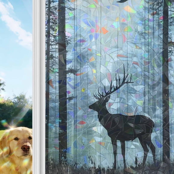 Forest Elk Window Privacy Film Stain Glass,Reusable Decorative Rainbow Window Film,Deer Birds Nature Tree Antlers Mountain Static Cling Sun Blocking Stickers Decals Covers 17.7" x 39.3" (2pcs)