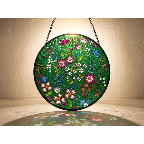 Forest Emerald Stained Glass Suncatcher, Floral Folk Art Round Glass Window Hanging, Boho Botanical Sun Catcher Gift