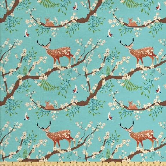 Ambesonne Forest Fabric by the Yard Upholstery, Bird Sika Deer Japanese Art, 3 Yards, Seafoam and Umber