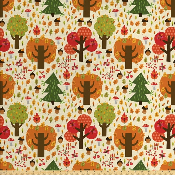 Ambesonne Forest Fabric by the Yard Upholstery, Colorful Cartoon Autumn, 5 Yards, Multicolor