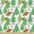 thumbnail image 1 of Forest Fabric by the Yard, Continuous Pine Tree Bear Gazelle Motifs Cartoon Pattern on Plain Backdrop, Decorative Upholstery Fabric for Chairs & Home Accents, White and Sea Green by Ambesonne, 1 of 5