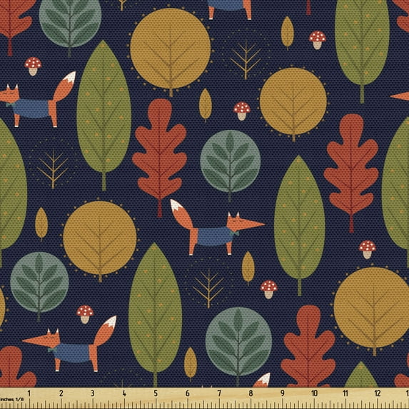 Ambesonne Forest Fabric by the Yard Upholstery, Fox Trees and Mushroom, 10 Yards, Multicolor