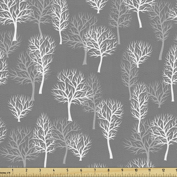 Ambesonne Forest Fabric by the Yard Upholstery, Winter Eco Deciduous Trees, 2 Yards, Dimgray White