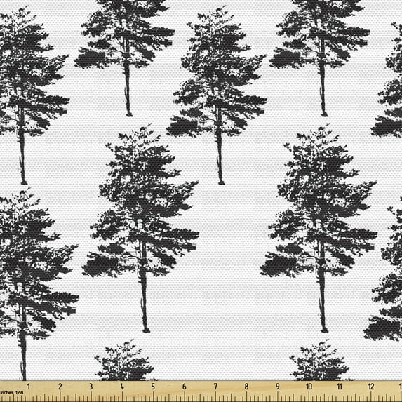 Ambesonne Forest Fabric by the Yard Upholstery, Woodland Trees Drawn by Hand, 10 Yards, Charcoal Grey White