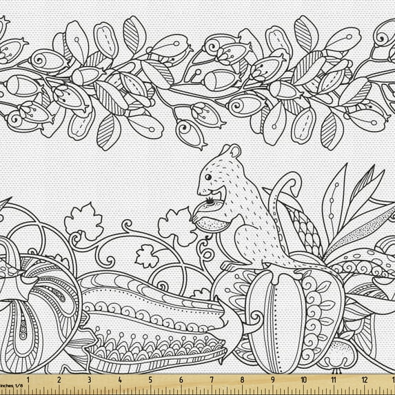 Ambesonne Forest Fabric by the Yard Upholstery, Squirrels Eating Nuts Image, 2 Yards, Charcoal Grey and White