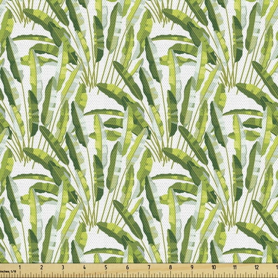 Forest Fabric by the Yard, Tropic Leaves Pattern in Watercolour Style Jungle Foliage Rainforest Flora, Decorative Upholstery Fabric for Sofas and Home Accents, Lime Green and White by Ambesonne