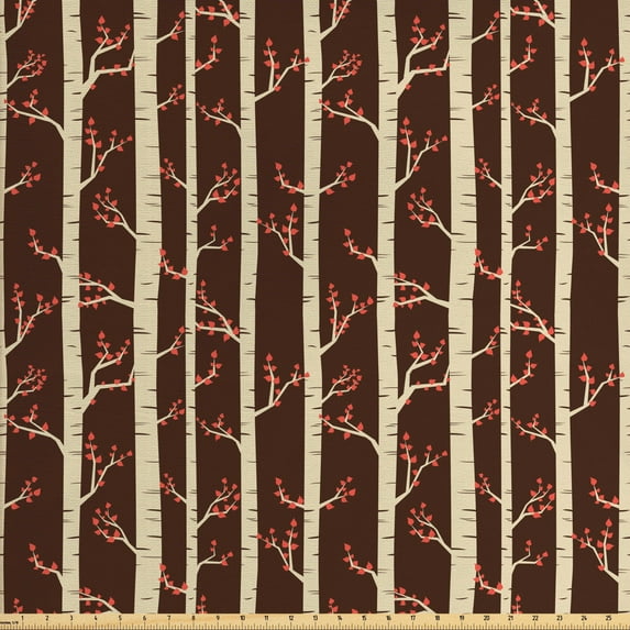 Forest Fabric by the Yard Upholstery, Abstract Pattern with Birch Trees in Autumn Season Leafy Branches Modern, Decorative Fabric for DIY and Home Accents, Brown Beige Vermilion by Ambesonne