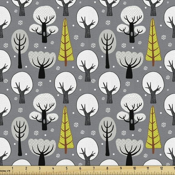 Forest Fabric by the Yard Upholstery, Abstract Winter Woodland with Trees and Snowflakes, Decorative Fabric for DIY and Home Accents, Purpleblue Yellow Green by Ambesonne
