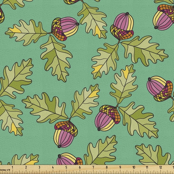 Forest Fabric by the Yard Upholstery, Graphical Layout of Botanical Jungle Elements Acorns and Oak Leaves, Decorative Fabric for DIY and Home Accents, Sea Green and Multicolor by Ambesonne