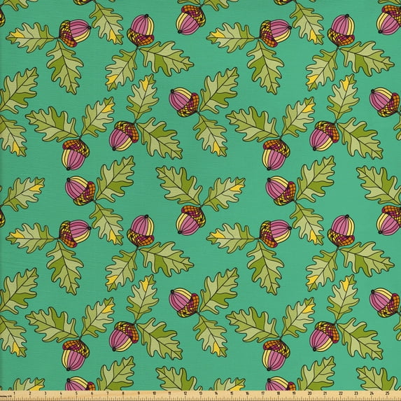 Forest Fabric by the Yard Upholstery, Graphical Layout of Botanical Jungle Elements Acorns and Oak Leaves, Decorative Fabric for DIY and Home Accents, Sea Green and Multicolor by Ambesonne
