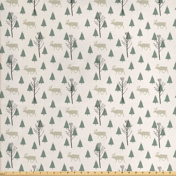 Forest Fabric by the Yard Upholstery, Pine Trees Reindeers Winter Theme in Simplistic Tones Illustration, Decorative Fabric for DIY and Home Accents, Eggshell Pale Reseda Green by Ambesonne
