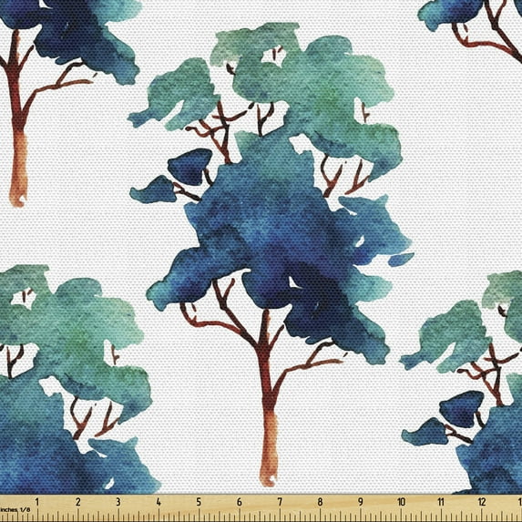 Ambesonne Forest Fabric by the Yard Upholstery, Aquarelle Trees Pattrern, 10 Yards, Blue Seafoam and Cinnamon