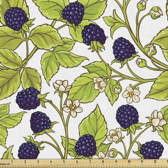 Ambesonne Forest Fabric by the Yard Upholstery, Wild Fruits Blackberry Leaf, 2 Yards, Dark Purple Yellow Green
