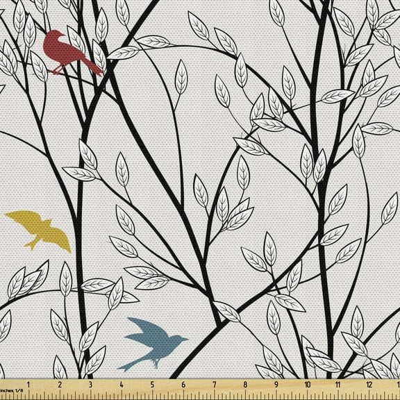 Ambesonne Forest Fabric by the Yard Upholstery, Woodland Nature Birds Trees, 1 Yard, Coconut and Multicolor