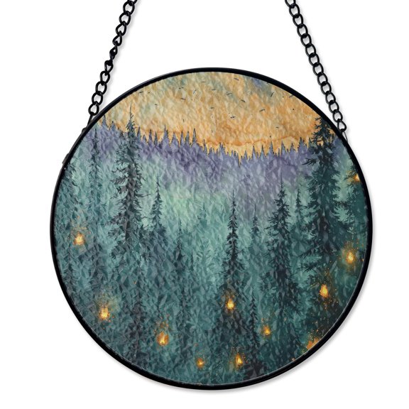 Forest Fairies Night Fireflies Suncatcher Stained Glass Fantasy Home Accessory