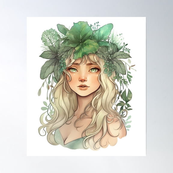 Forest Fairy Green Flower Crown Poster Wall Art, Modern Wall Decor, 24x36 UNFRAMED