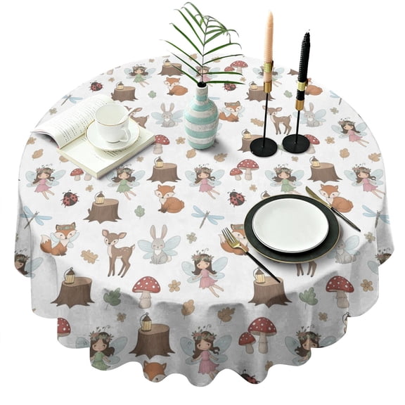 Forest Fairy Princess Pattern Round Tablecloth 60"x60",Wrinkle Wipeable Table Cloth for Kitchen Dining Room Picnic Patio Party