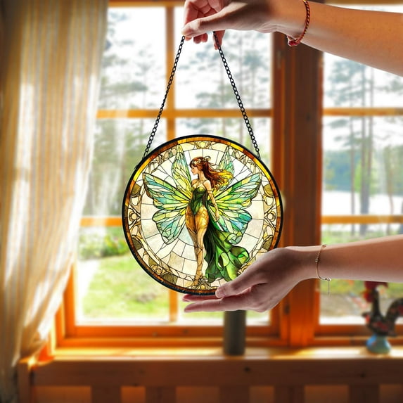 Forest Fairy Stained Glass Suncatcher Enchanted Forest Fairy Window Hanging Light Catcher Fantasy Home Decor Gift