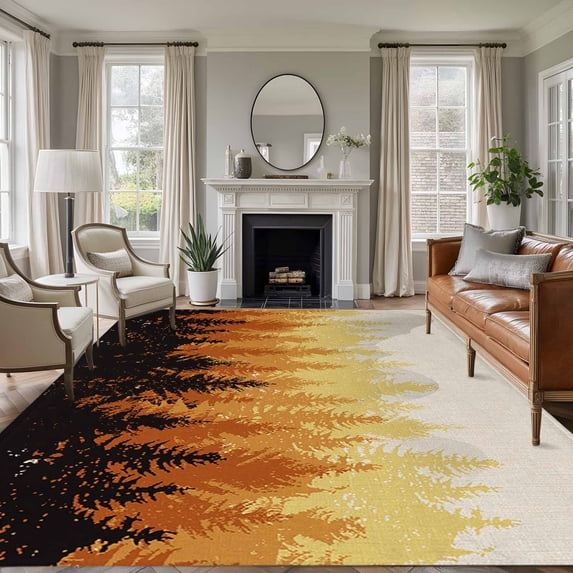 Forest Fall, Area Rug 6x9 FT, Non Slip Living Room Throw Carpet, Vintage Mountain Wood-land Foggy Tree Orange Washable Soft Large Floor Carpet Non-Shedding Rug for Bedroom Dining Room Play Room