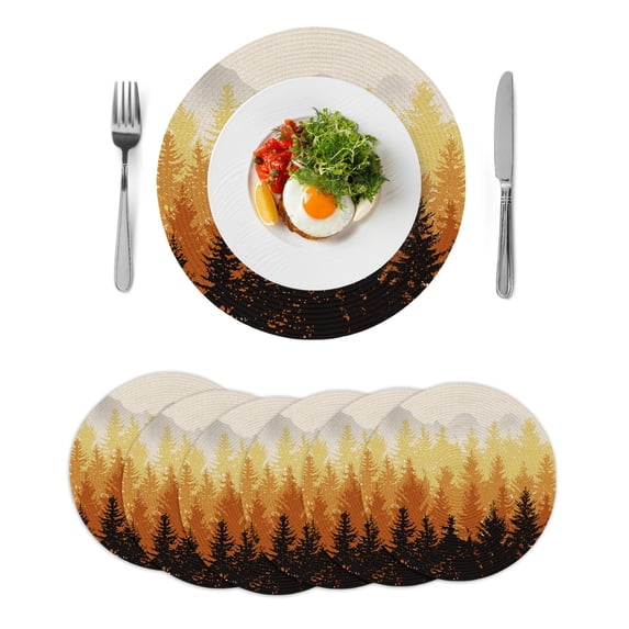 Forest Fall,Round Placemats Set of 6 for Dinning Tables,Heat-proof Braided Table Mats 13 Inch,Vintage Mountain Wood-land Foggy Tree Orange Washable Place Mat for Kitchen Restaurant Party Table Decor