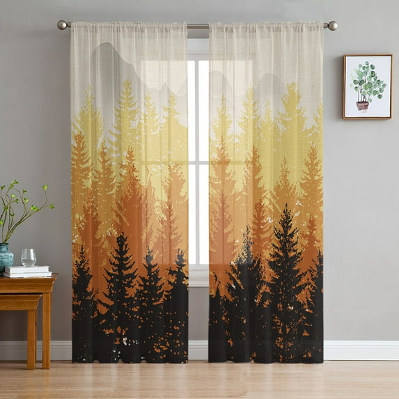 Forest Fall,Semi Sheer Curtains 84 Inch Length 2 Panels Set,Vintage Mountain Wood-land Foggy Tree Orange Sheer Kitchen Curtain Privacy Voile Window Curtain for Living Room Bedroom Rod Pocket Drapes