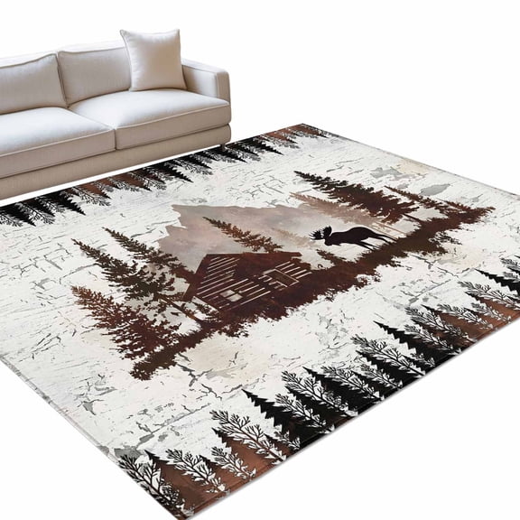 Forest Farmhouse Area Rugs 8x10ft Country Dark Brown Mountain Moose Silhouette Pine Tree Floor Rug Non Slip Low Pile Ultra Soft Throw Carpet for Entryway Indoor Entrance Kitchen Bathroom