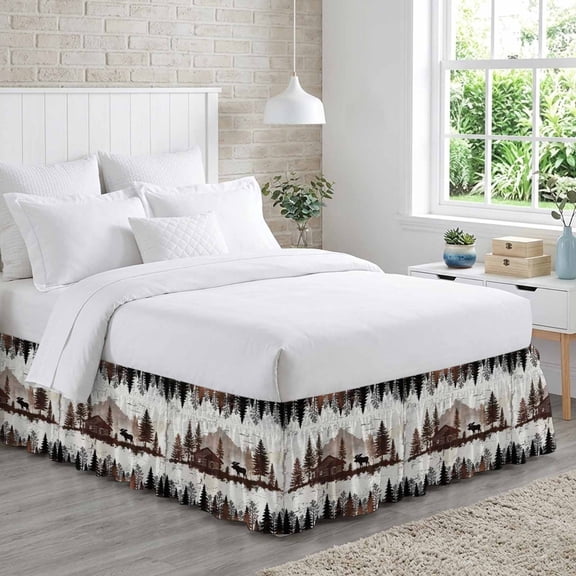 Forest Farmhouse Bed Skirt California King Size 16 Inch Drop, Country Dark Brown Mountain Moose Silhouette Pine Tree Adjustable Elastic Dust Ruffles Bedskirt Wrap Around Pleated Mattress Frame Cover