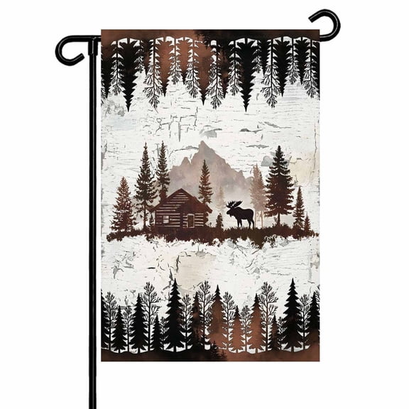 Forest Farmhouse Garden Flag 12x18 Inch Country Dark Brown Mountain Moose Silhouette Pine Tree Double Sided Small Decorative Garden Flags for Outside, Outdoor Yard Porch Lawn Decoration