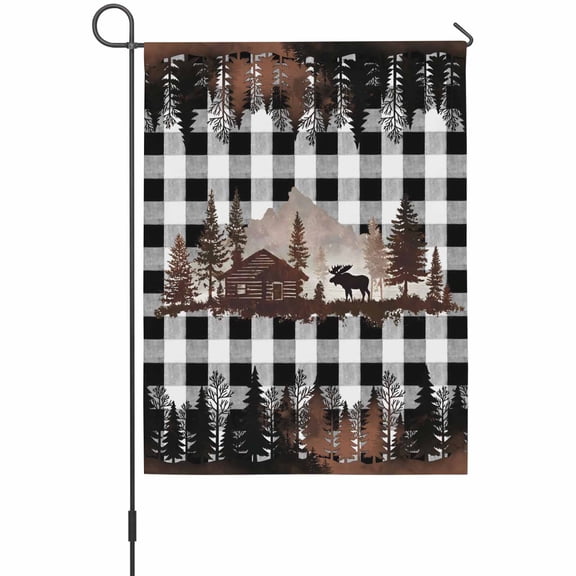 Forest Farmhouse House Flag 28x40 Inch, Country Mountain Moose Silhouette Pine Tree Black White Plaid Weather Proof Outdoor Patio Flags Double Sided Small House Decoration for Yard Lawn Outside Home