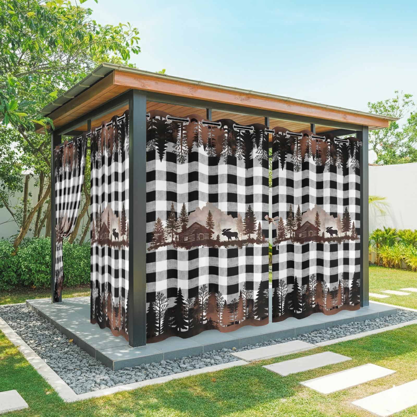 Forest Farmhouse Outdoor Curtains for Patio, Country Mountain Moose Silhouette Pine Tree Black White Plaid Sunshade Privacy Drapes Grommet Waterproof Outside Curtains for Porch 54"x108", 1 Panel