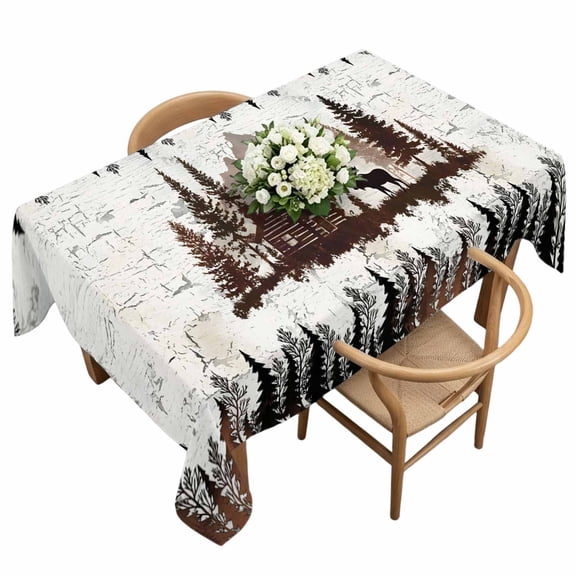 Forest Farmhouse Rectangle Tablecloth Country Dark Brown Mountain Moose Silhouette Pine Tree Waterproof Wrinkle Free Soft Table Cloth Spill-Proof Washable Table Cover for Dining Picnic 60 x 120 Inch
