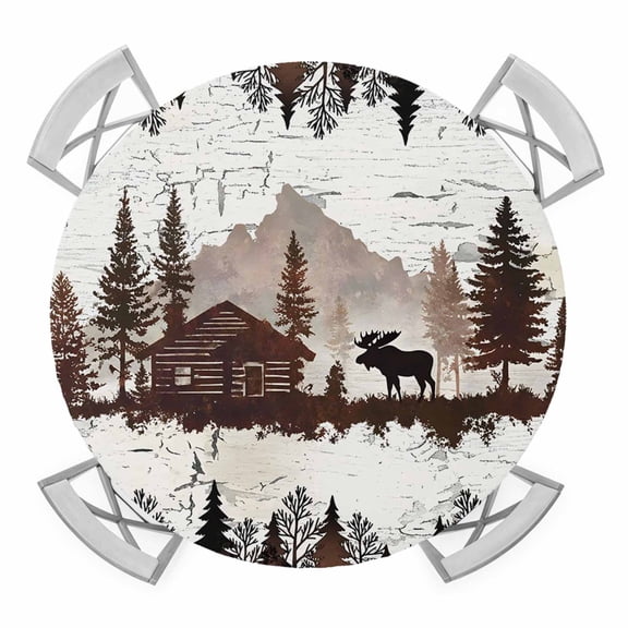 Forest Farmhouse Round Fitted Tablecloth with Elastic Edge, Country Dark Brown Mountain Moose Silhouette Pine Tree Table Cover Fit for 36"-44" Tables Waterproof Tablecloths for Dinner Camping Picnic