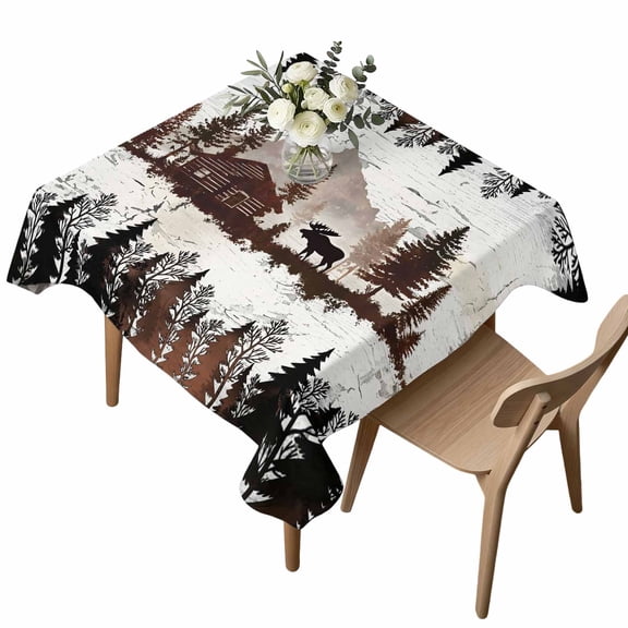Forest Farmhouse Square Tablecloth Country Dark Brown Mountain Moose Silhouette Pine Tree Waterproof Wrinkle Free Soft Table Cloth Spill-Proof Washable Table Cover for Dining Picnic 60 x 60 Inch