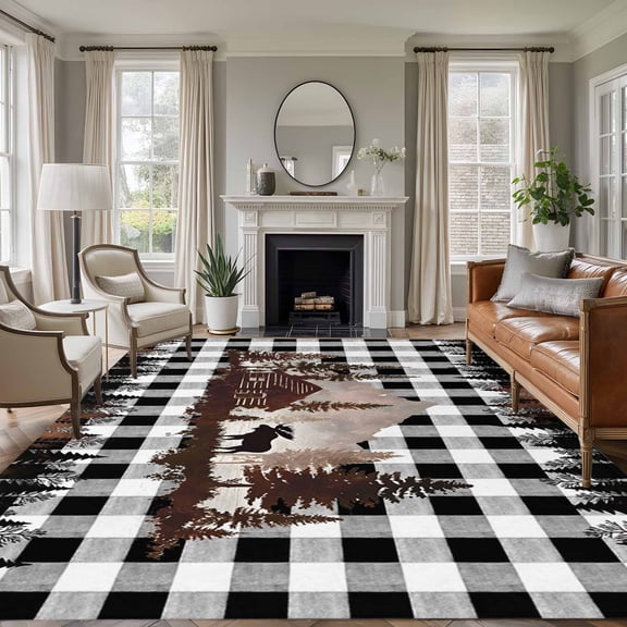 Forest Farmhouse Washable Area Rug 6 x 9 ft Country Mountain Moose Silhouette Pine Tree Black White Plaid , Soft Non Slip Rugs Stain Repellent Indoor Felt Carpet for Living Dining Room Bedroom Home