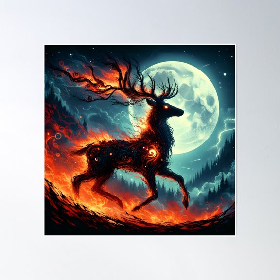 Forest Fire Deer, Ai Generated Art Poster Wall Art, Modern Wall Decor, 16x16 UNFRAMED