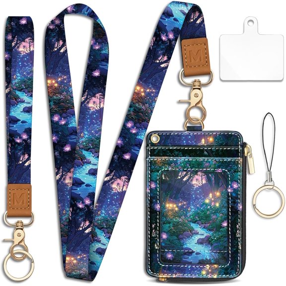 Forest Firefly Lanyard Wallet with ID Badge Holder, Floral Small RFID Wallet Women Keychain Wristlet, Slim Credit Card Holder with Zipper Pocket Phone Lanyard Wrist Strap Name Tag Office Teacher Gift