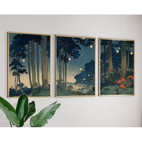 Forest Firefly Poster, Japanese Woodblock Print, Stretched Canvas