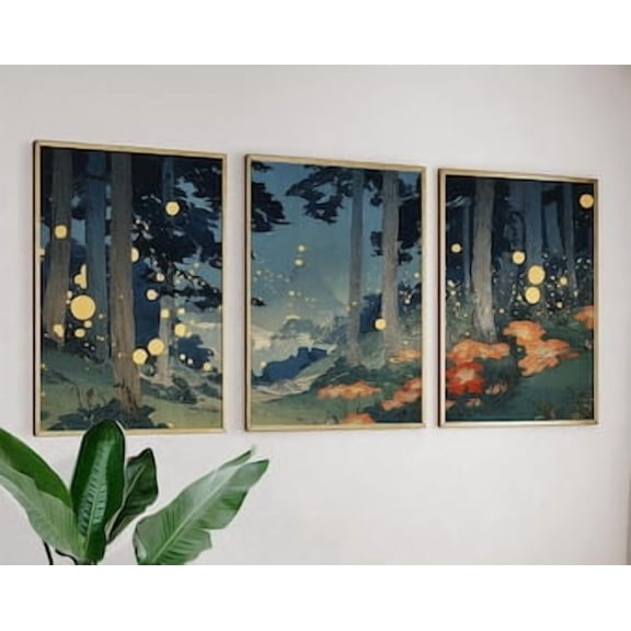Forest Firefly Poster, Japanese Woodblock Print, Stretched Canvas