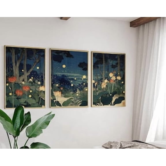 Forest Firefly Poster, Japanese Woodblock Print, Stretched Canvas
