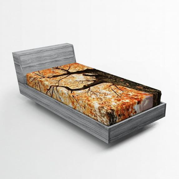 Ambesonne Landscape Fitted Sheet, Old Tree Botany Wood, Twin XL Size, Orange Brown